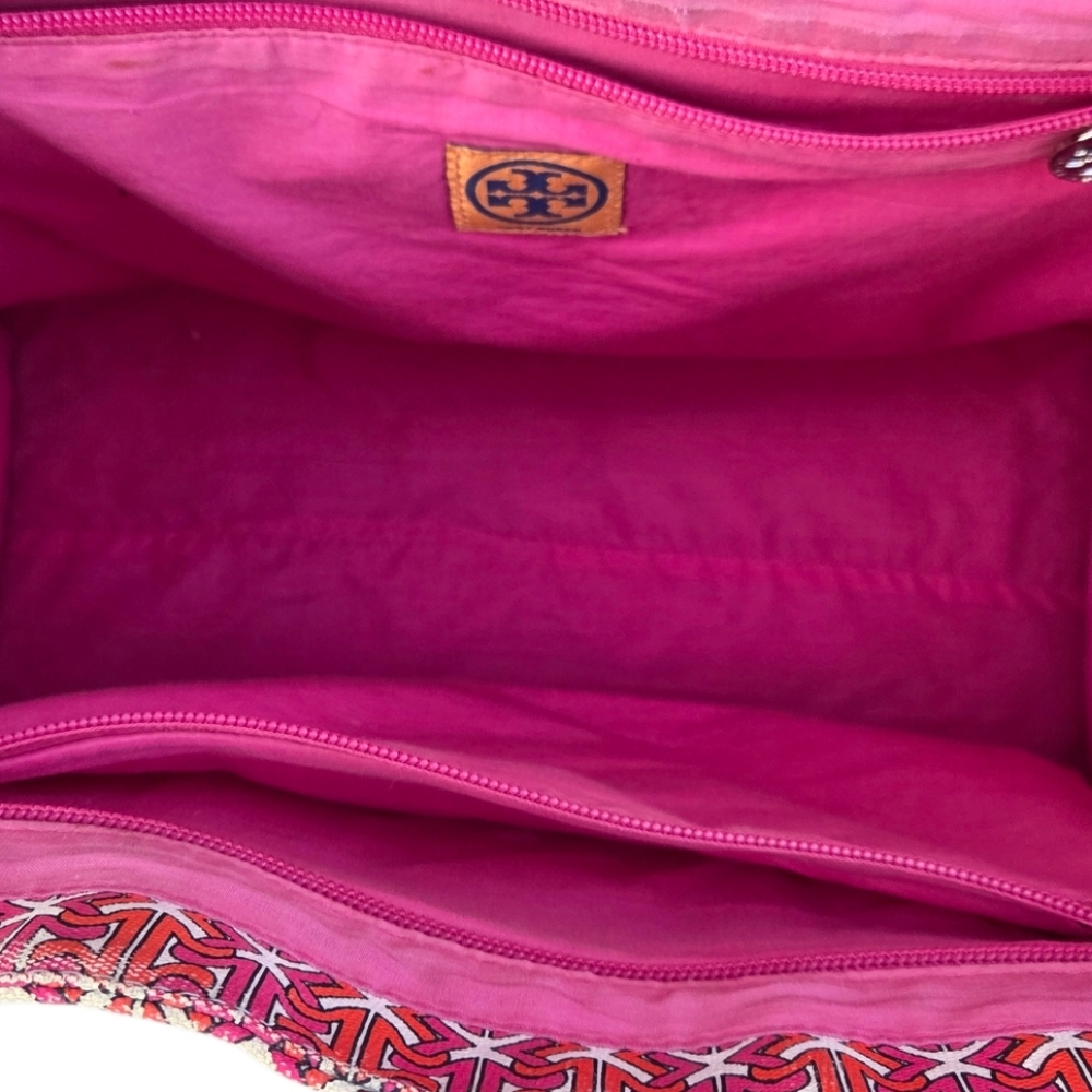 Tory Burch - Large Ella Printed Tote Bag Pink Orange Logo Nylon Patent Trim - Picture 7 of 15